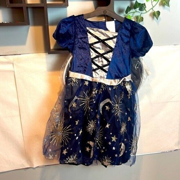GIRLS MIDNIGHT BLUE HALLOWEEN COSTUME DRESS Silver sparkle stars moons Size 7-8 - Picture 1 of 5